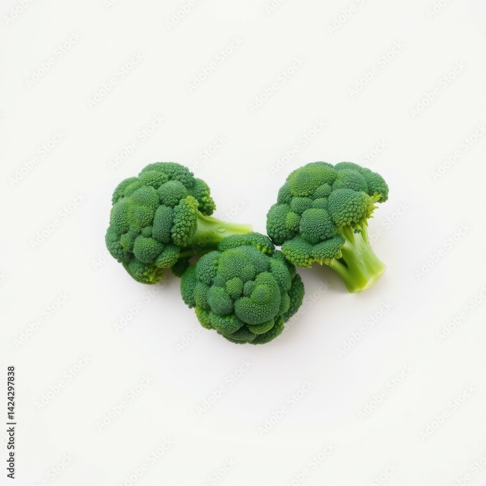 Fototapeta premium Fresh Green Broccoli Heads on White Background - Healthy Organic Vegetable, Close-Up