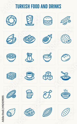 Traditional turkish food and drinks hand made icon set vector