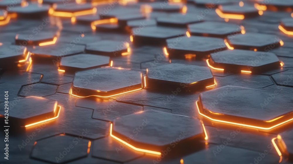 Obraz premium Abstract digital background with hexagonal shapes and glowing network connections, illustrating futuristic technology and connectivity.