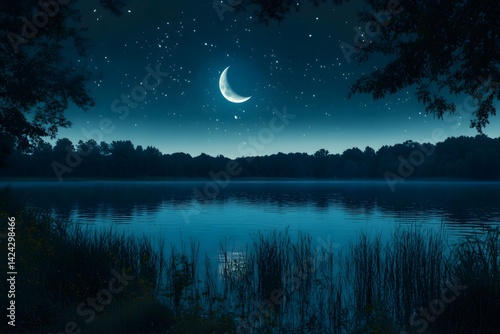 The tranquil lake surface under the reflection of the new moon