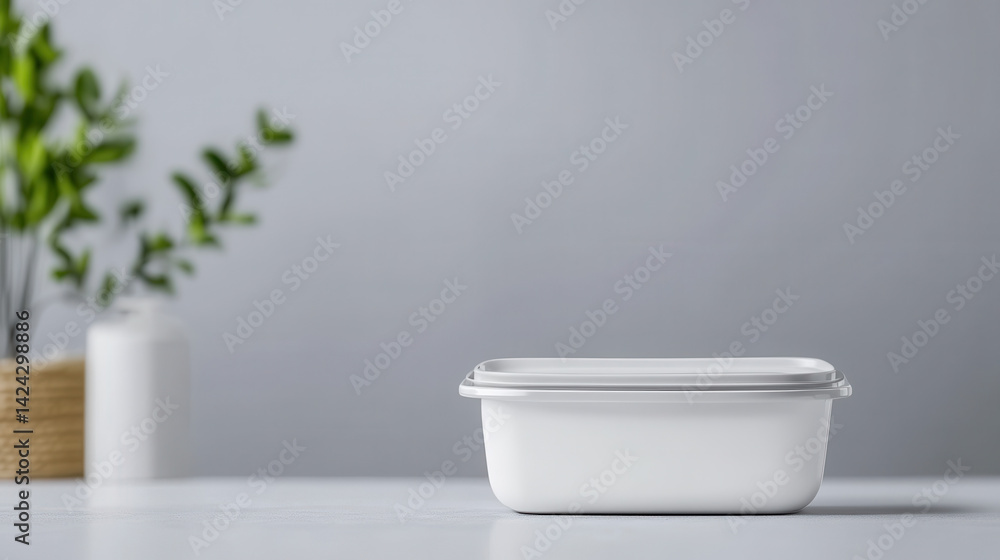 A plain white rectangular food container sits on a bright white surface with soft lighting, set against a blurred gray backdrop near a plant for a clean aesthetic. A plain white rectangular food container sits on a bright white surface with soft lighting, set against a blurred gray backdrop near a plant for a clean aesthetic.