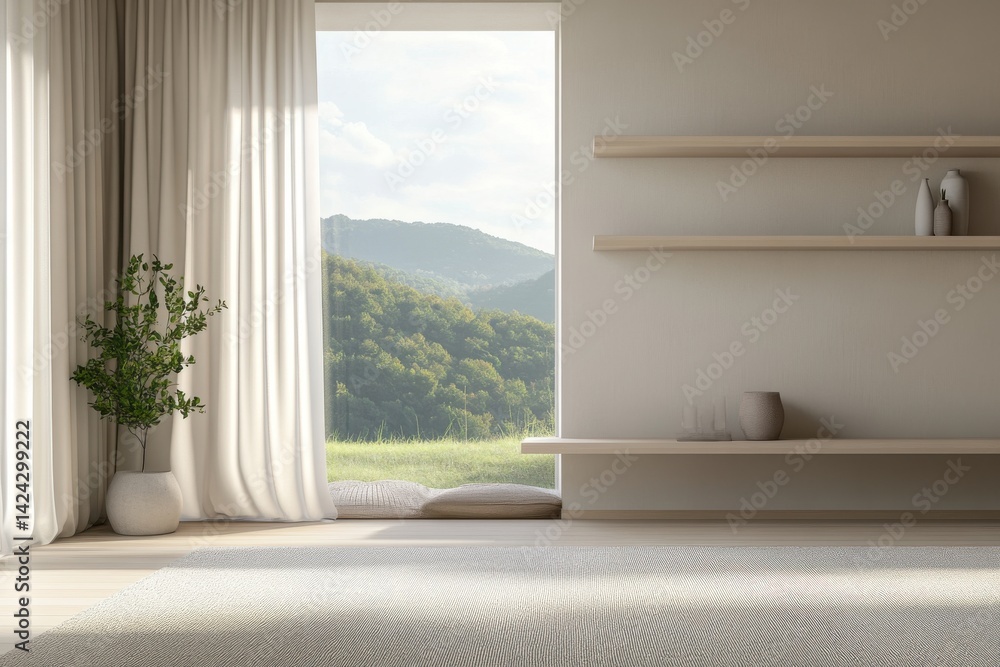A minimalist interior with a large window showing green hills and a potted plant near the window light A minimalist interior with a large window showing green hills and a potted plant near the window light