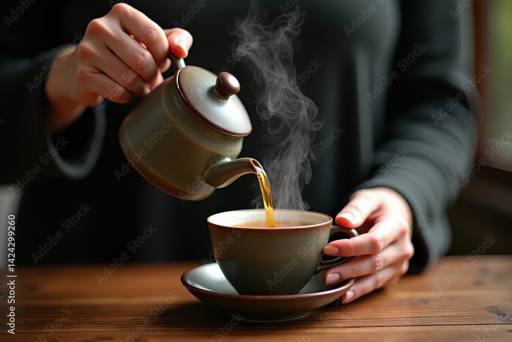 Pouring tea cup with steam cozy atmosphere