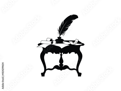 Historical Quill Inkpot Table Silhouette | Vintage Writing Supply Vector Art