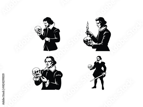  Old man Hamlet with Skull Silhouette | Feather Hat Vector Art