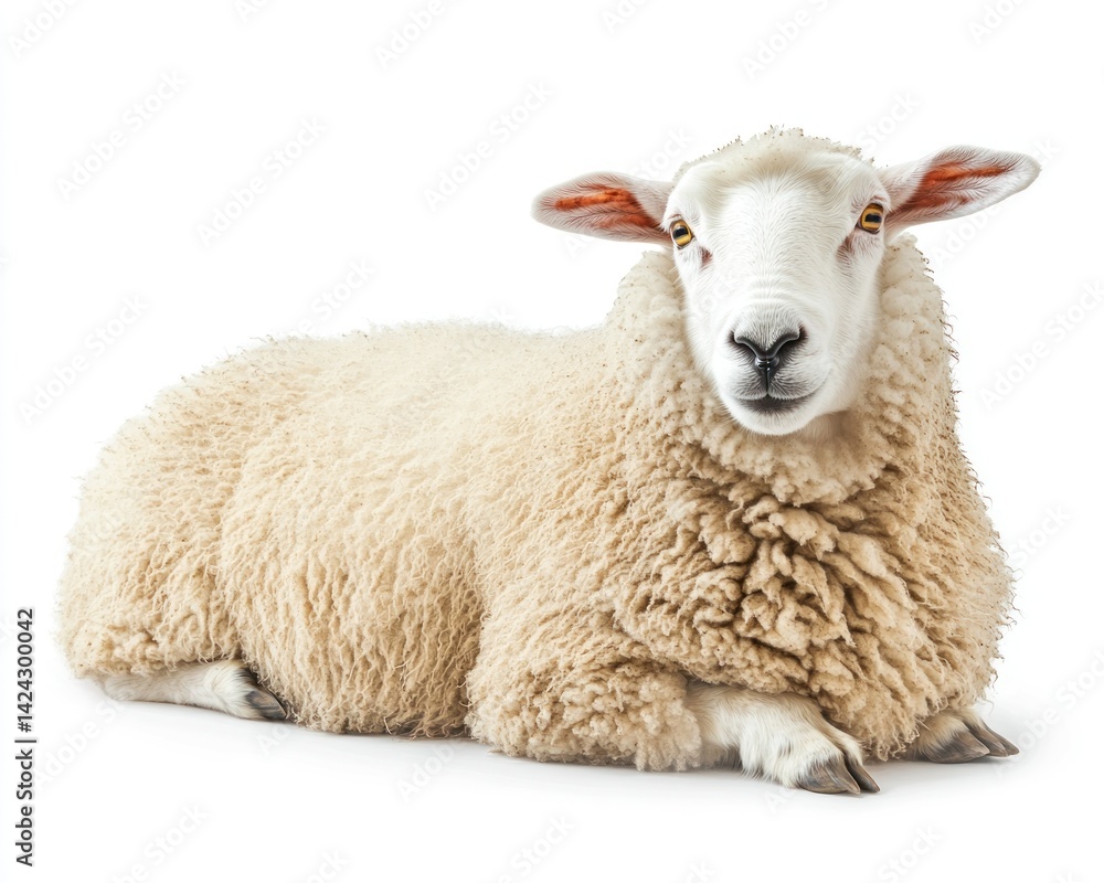 Resting sheep with fluffy fleece on a bright, white background Resting sheep with fluffy fleece on a bright, white background