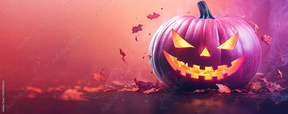 Fototapeta premium Scary carved pumpkin glowing on a spooky night for halloween