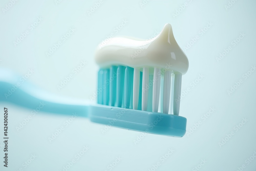 Toothbrush with toothpaste on soft blue background