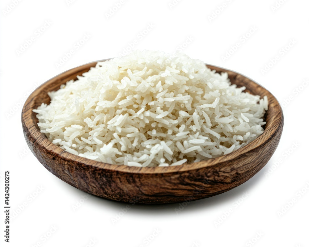 Rice Cooked white rice in a round wooden bowl, isolated Rice Cooked white rice in a round wooden bowl, isolated