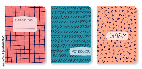 Set of cover page templates based on grid seamless pattern, spiral doodle lines, hearts pattern.