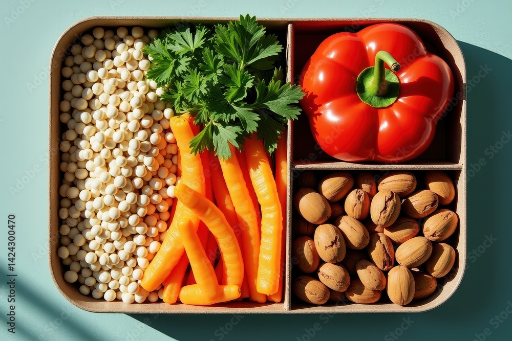 Healthy lunchbox with fresh vegetables nuts