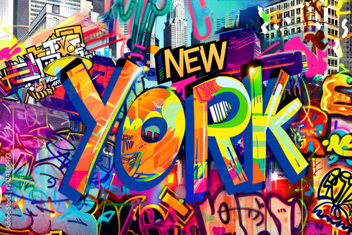 A vibrant digital artwork featuring the words “NEW YORK” in large graffiti letters surrounded by colorful urban street art