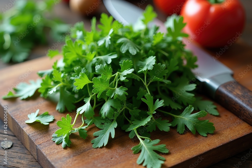 Fresh parsley on wooden cutting board with tomatoes knife