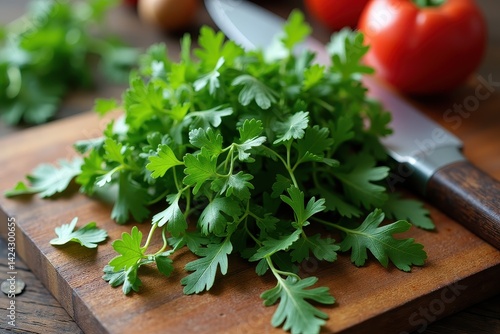 Obraz na płótnie Fresh parsley on wooden cutting board with tomatoes knife w salonie