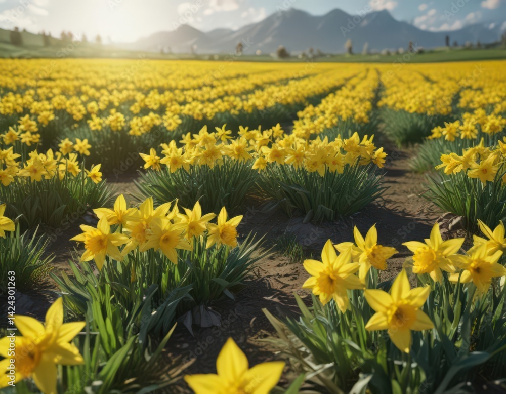 Fototapeta premium Lush green field bursting with bright yellow daffodils, sunny spring day, garden, outdoor, May