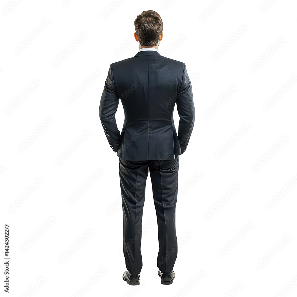 A man in a dark suit standing with his back to the viewer and his hands in his pockets on black background A man in a dark suit standing with his back to the viewer and his hands in his pockets on black background