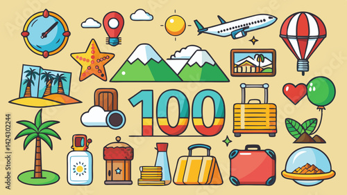 Cartoon illustration with tourism elements for one hundred years anniversary