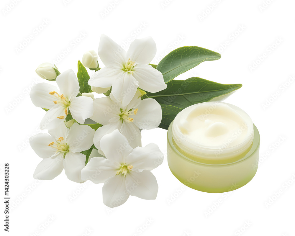 Open jar of jasmine-scented cream beside white jasmine flowers and green leaves, ideal for beauty, skincare, and wellness themes. Open jar of jasmine-scented cream beside white jasmine flowers and green leaves, ideal for beauty, skincare, and wellness themes.