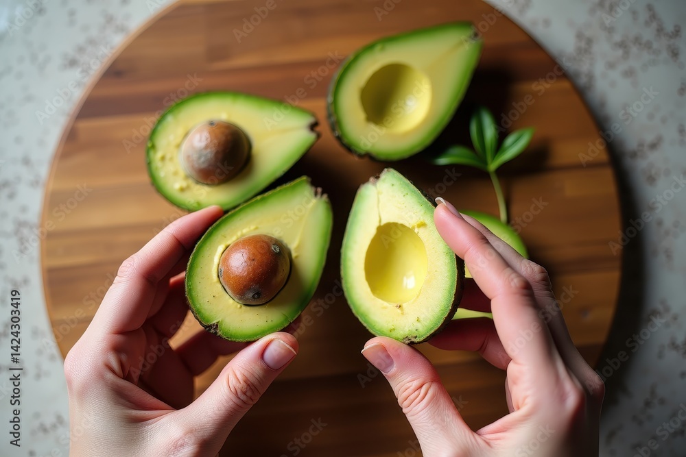 Sliced avocado halves on wooden board