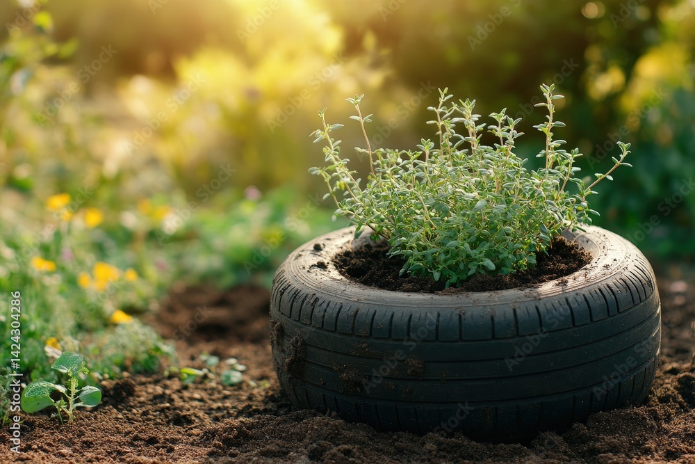 Recycled tire planter with herbs in a garden setting. Recycled tire planter with herbs in a garden setting.