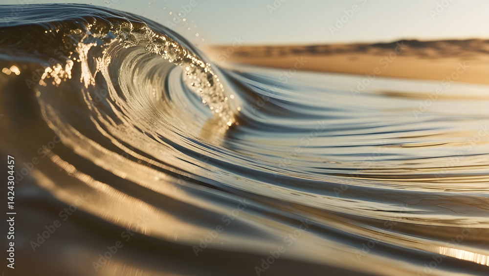 a highly detailed and cinematic photograph of a gentle, rolling wave cresting on a sun-kissed sandy beach, with the camera positioned extremely close to the water's edge, capturing the intricate textu