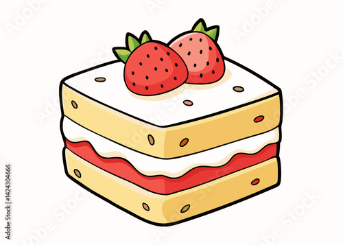 Cartoon illustration of square cake with strawberries and cream filling