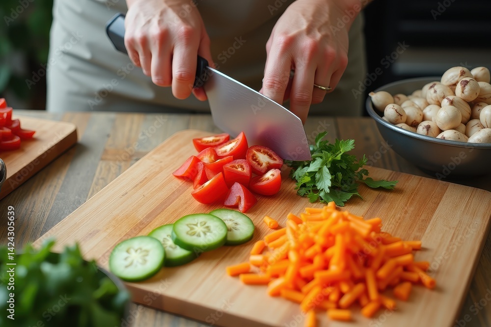 Chopping vegetables on wooden board for fresh healthy meal