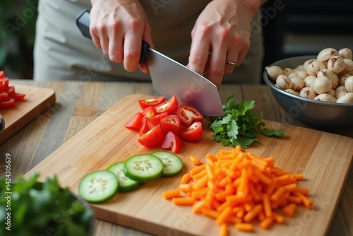 Obraz na płótnie Chopping vegetables on wooden board for fresh healthy meal w salonie