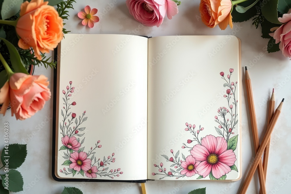 Floral notebook layout with roses pencils