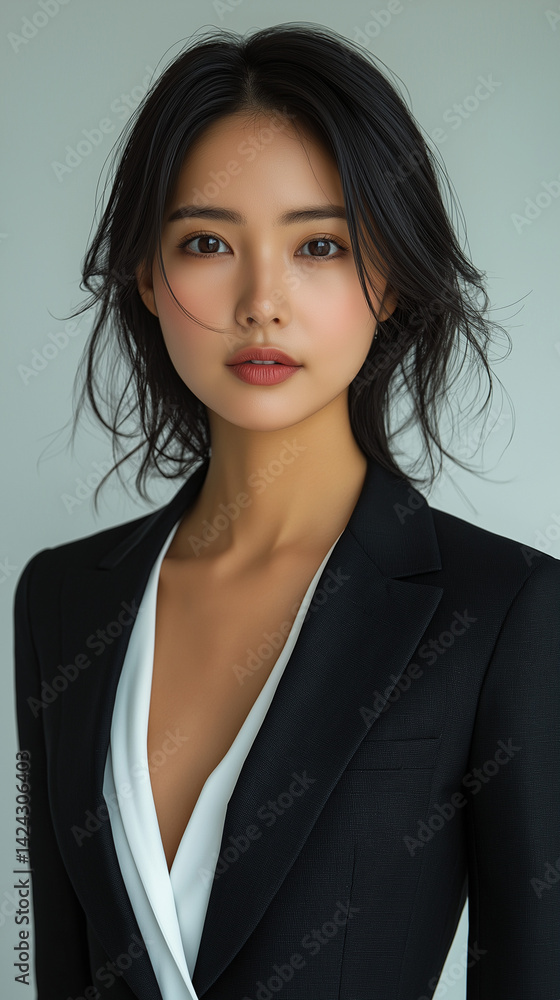 A professional business woman in a dark suit jacket with plain background. She is Asian with dark hair and is smiling.