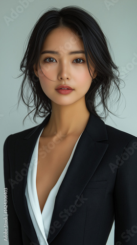 Obraz na płótnie A professional business woman in a dark suit jacket with plain background. She is Asian with dark hair and is smiling. w salonie