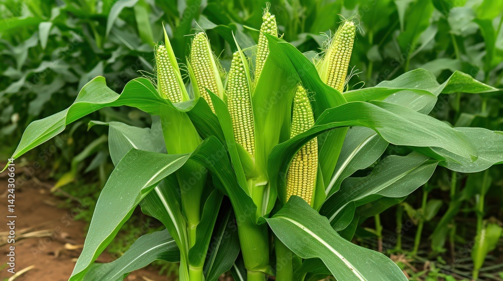 Fototapeta premium Vibrant green corn plants with ear development under clear sky