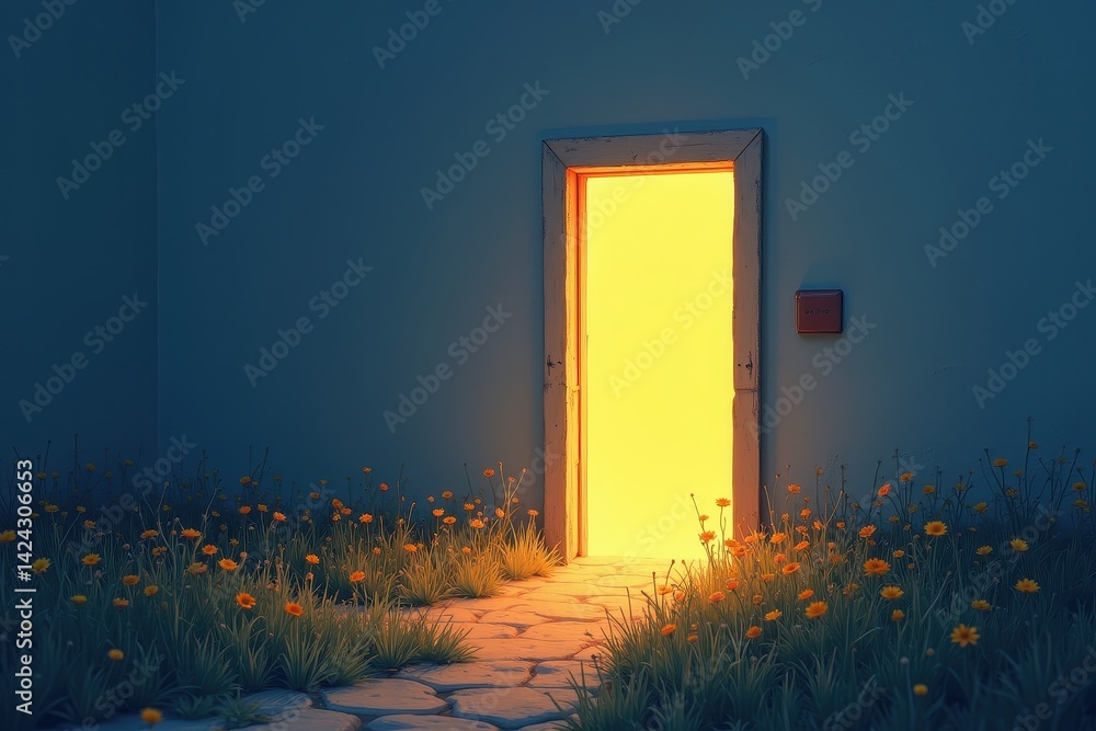 Open door in dark room with warm glowing light wildflowers