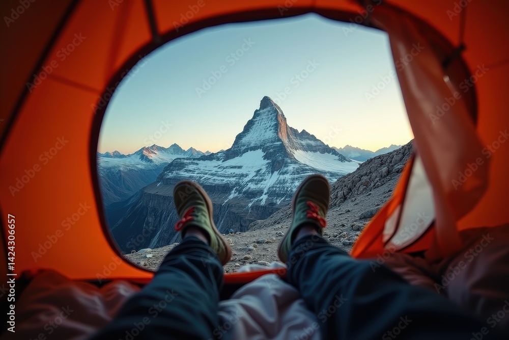 Camping view of mountain tent at sunrise