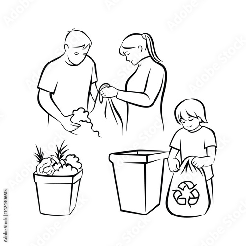 Family engaged in eco friendly activities sorting waste for recycling and composting in black and white