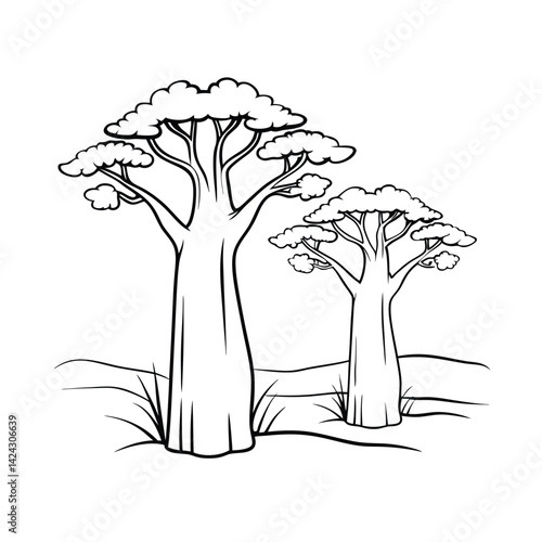 Baobab tree outlines in african landscape black and white botanical illustration for coloring books and educational resources