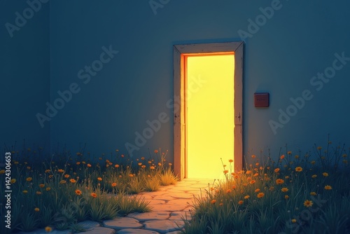 Obraz na płótnie Open door in dark room with warm glowing light wildflowers w salonie