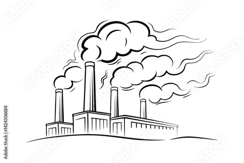 Illustration of an industrial plant with chimneys and smoke emissions depicting pollution and environmental impact issues