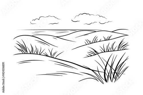 Simple line art depiction of a dune landscape with grass,clouds and sea horizon