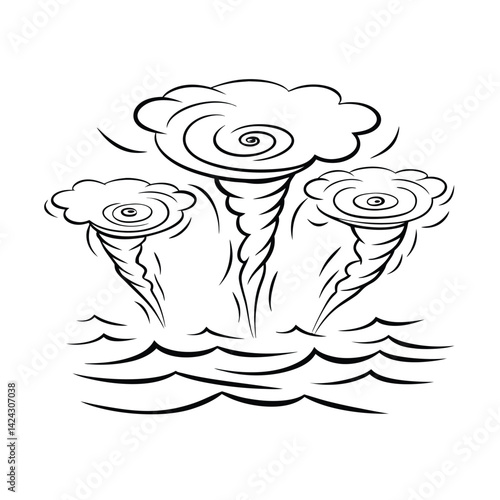 Black and white line art illustration of three waterspouts over the ocean waves minimalist weather phenomenon