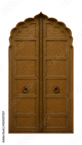 Traditional wooden Indian door with arched top and carved details
