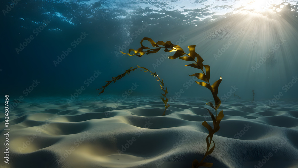 a breathtakingly lit, cinematic photograph of an underwater scene, set against a deep, rich blue sea, illuminated by soft, diffused light rays that pierce through the water's surface, casting an warm
