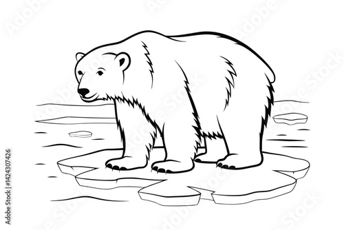 Outlined polar bear standing on ice floe amidst melting glaciers in the arctic
