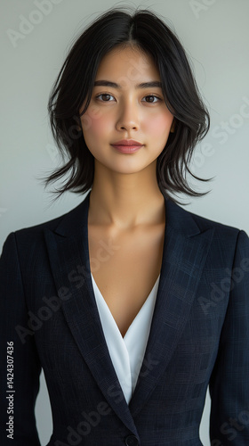 A professional business woman in a dark suit jacket with plain background. She is Asian with dark hair and is smiling. 