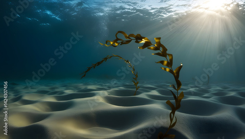a breathtakingly lit, cinematic photograph of an underwater scene, set against a deep, rich blue sea, illuminated by soft, diffused light rays that pierce through the water's surface, casting an warm 