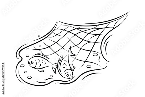 Minimalist black and white line art illustration of fish caught in a fishing net surrounded by bubbles