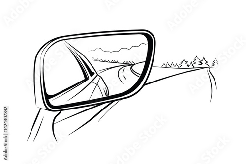 Road trip reflection side mirror vehicle adventure travel journey graphic illustration artwork