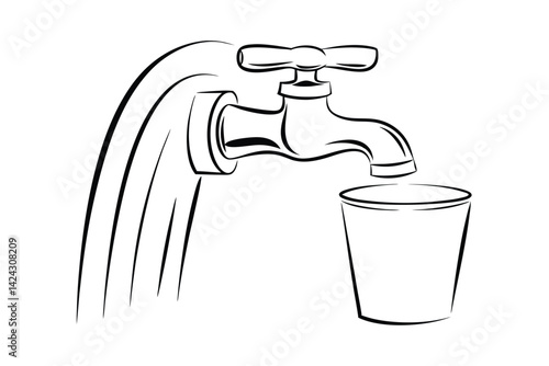 Minimalist illustration of water tap filling glass with water conservation and sustainable resource management concept