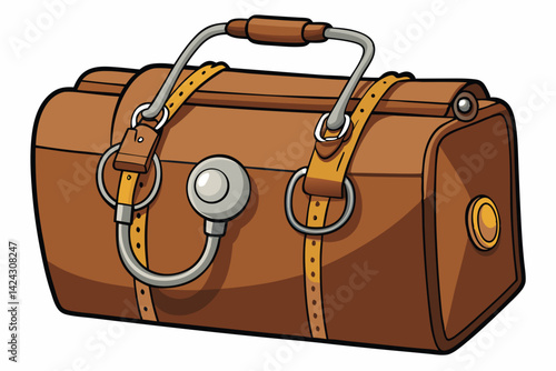 Isolated brown leather travel bag with straps and metal details illustration