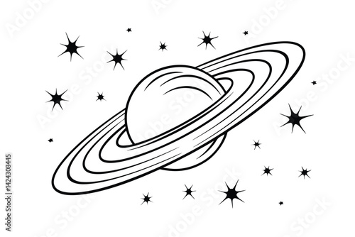 Black and white line art of saturn surrounded by stars space illustration cosmos celestial design astronomy